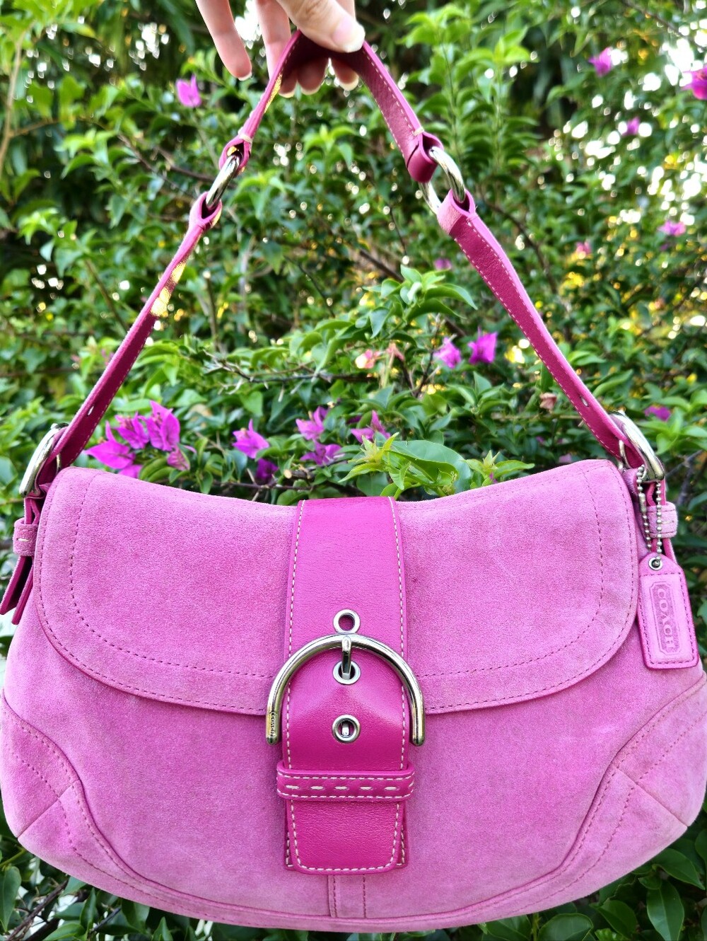 Vintage Coach Soho Pink Suede Buckle Shoulder Bag 9688 Y2K Silver Hardware